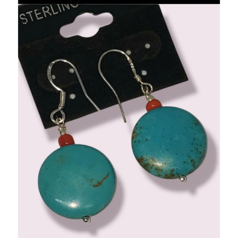 Navajo style  blue turquoise magnesite drop earrings discs sterling silver 925'